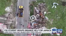 overhead camera shot of destroyed buildings after hurricane